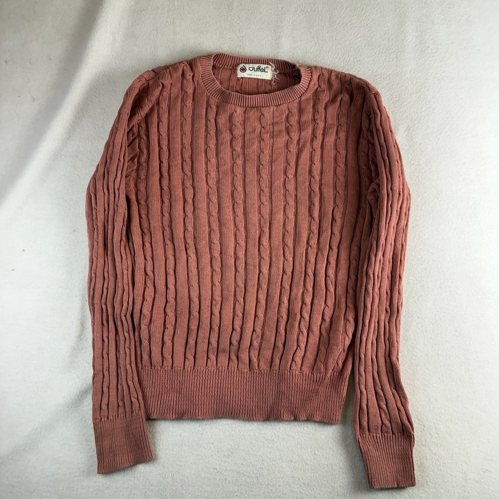 Vintage Duffel Cable Knit Sweater Pink Terracotta Crewneck 80s Made in USA Med